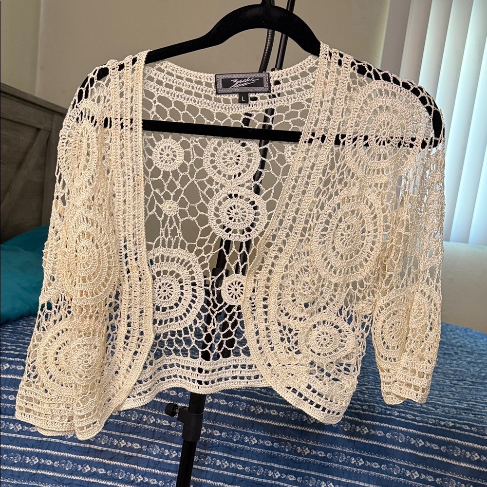 Cream Crochet Open-Front Cardigan